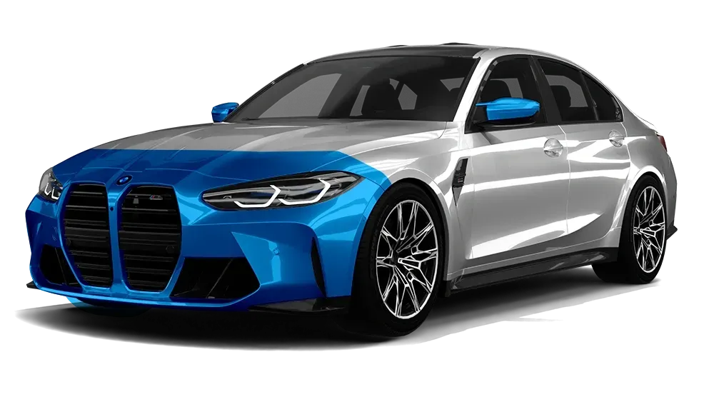 A white Audi RS6 station wagon with a light blue front bumper, hood, and side mirror, set against a dark gray background.