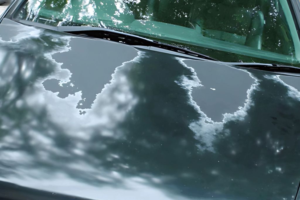 A black car hood with severe sun damage, showing extensive peeling and fading of the clear coat. The reflection of trees in the remaining glossy sections highlights the contrast between damaged and intact areas.
