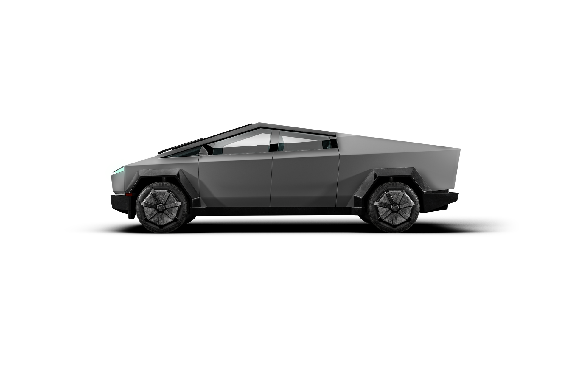 Gray Tesla Cybertruck, side view, on a white background.