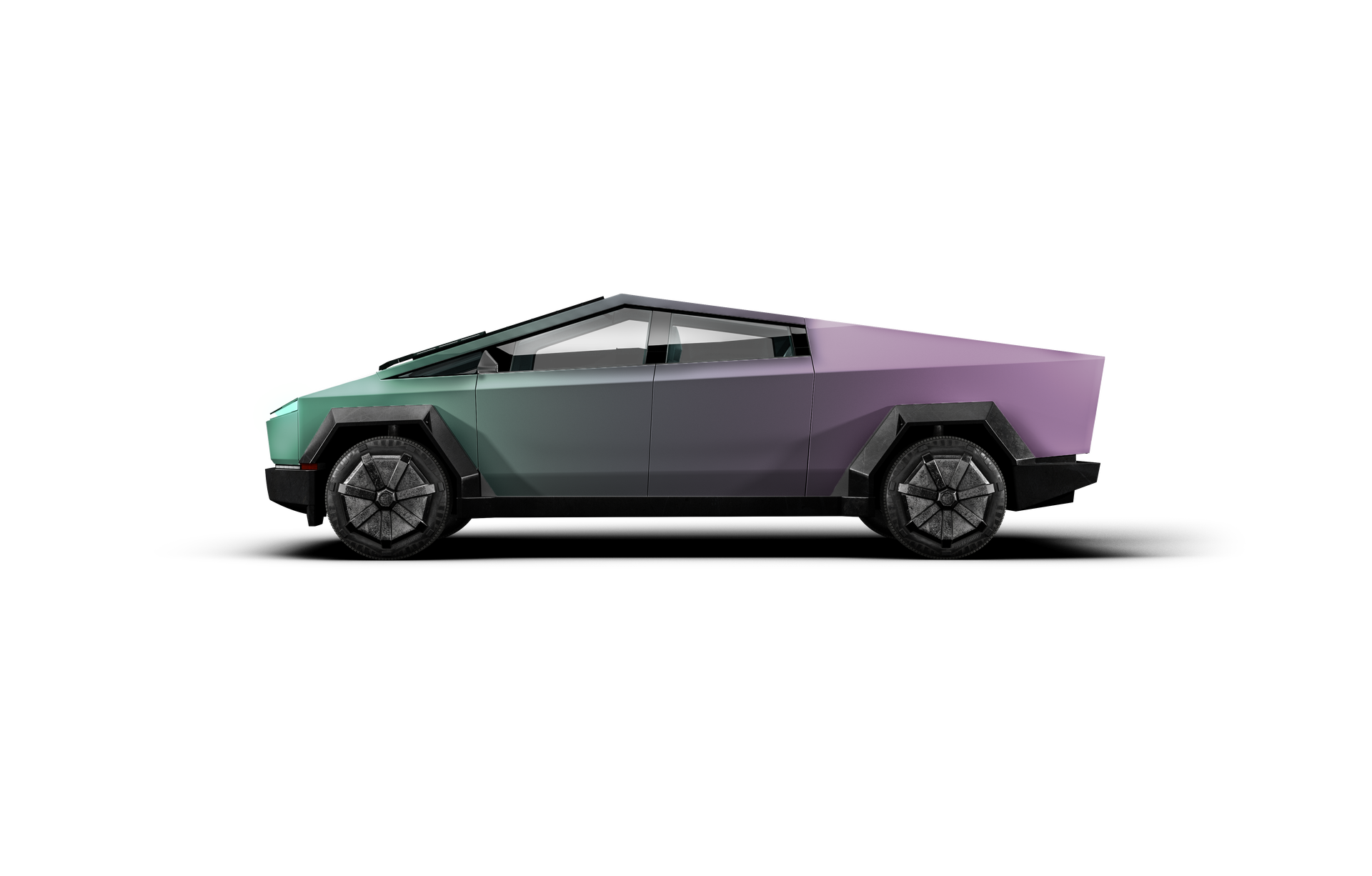 Tesla Cybertruck side view, teal and purple gradient, on white background.