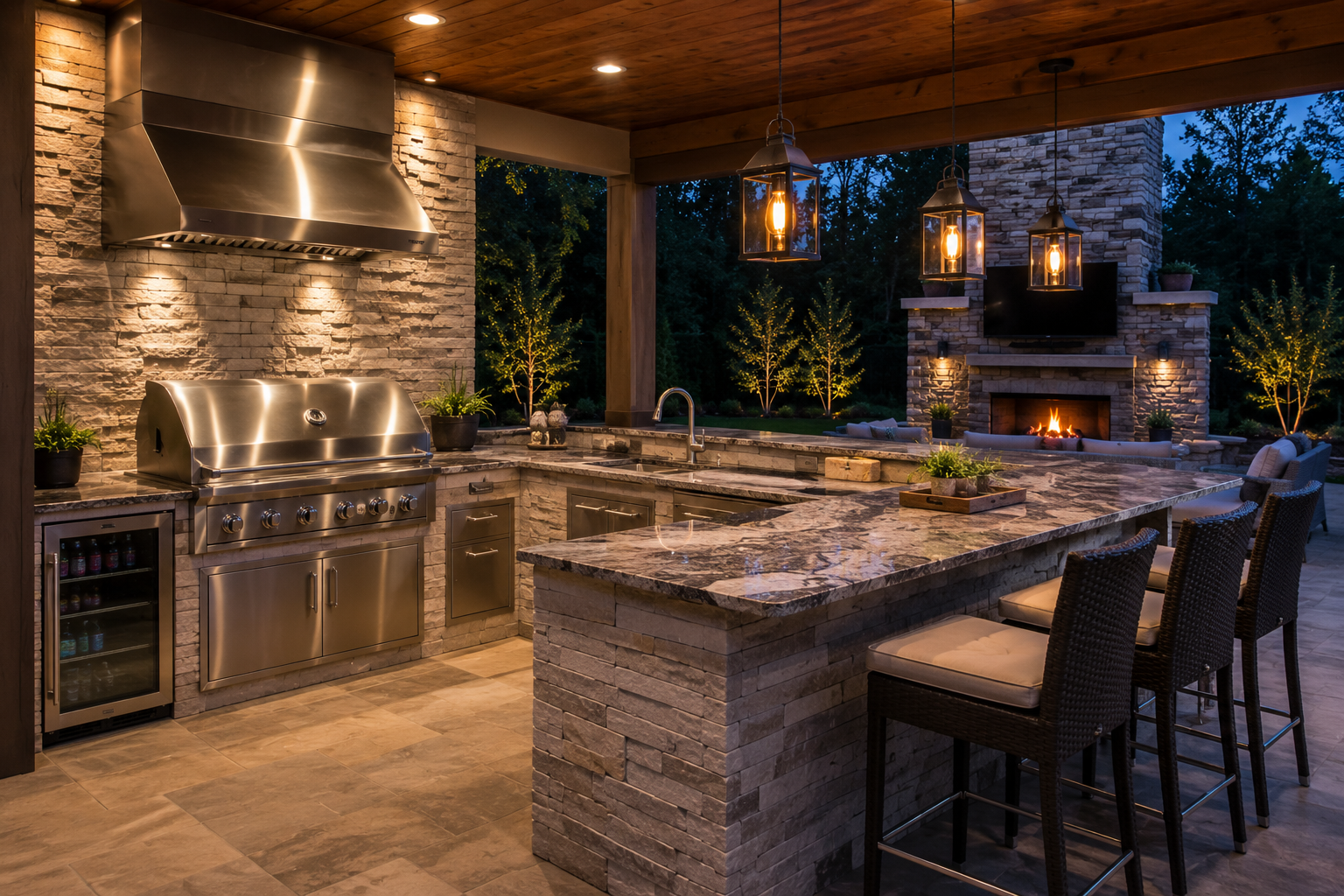 Outdoor stone patio kitchen with grill, island seating, and fire pit at dusk
