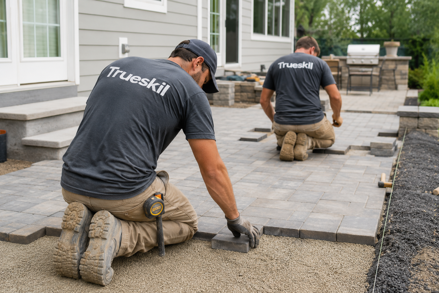 Two landscapers kneel installing gray patio pavers beside a house.