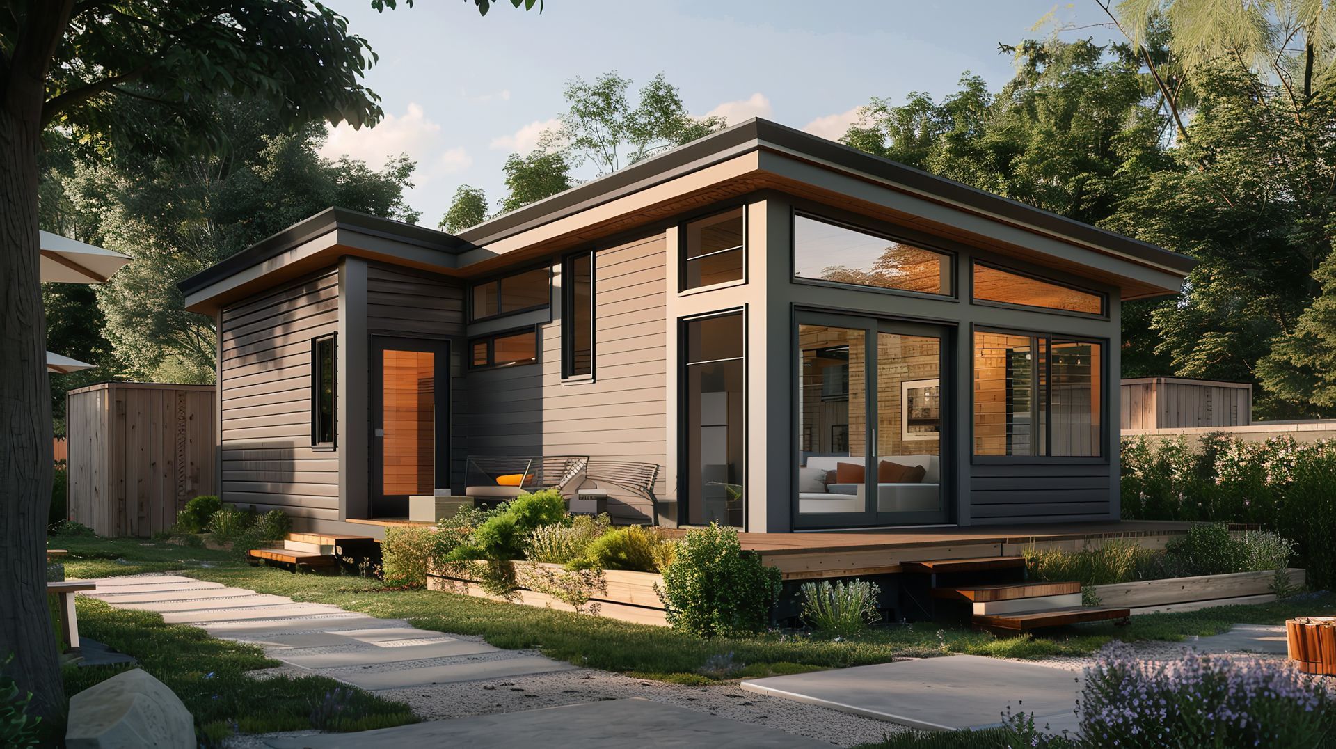 Modern single-story house with wood siding, large windows, and a landscaped front yard