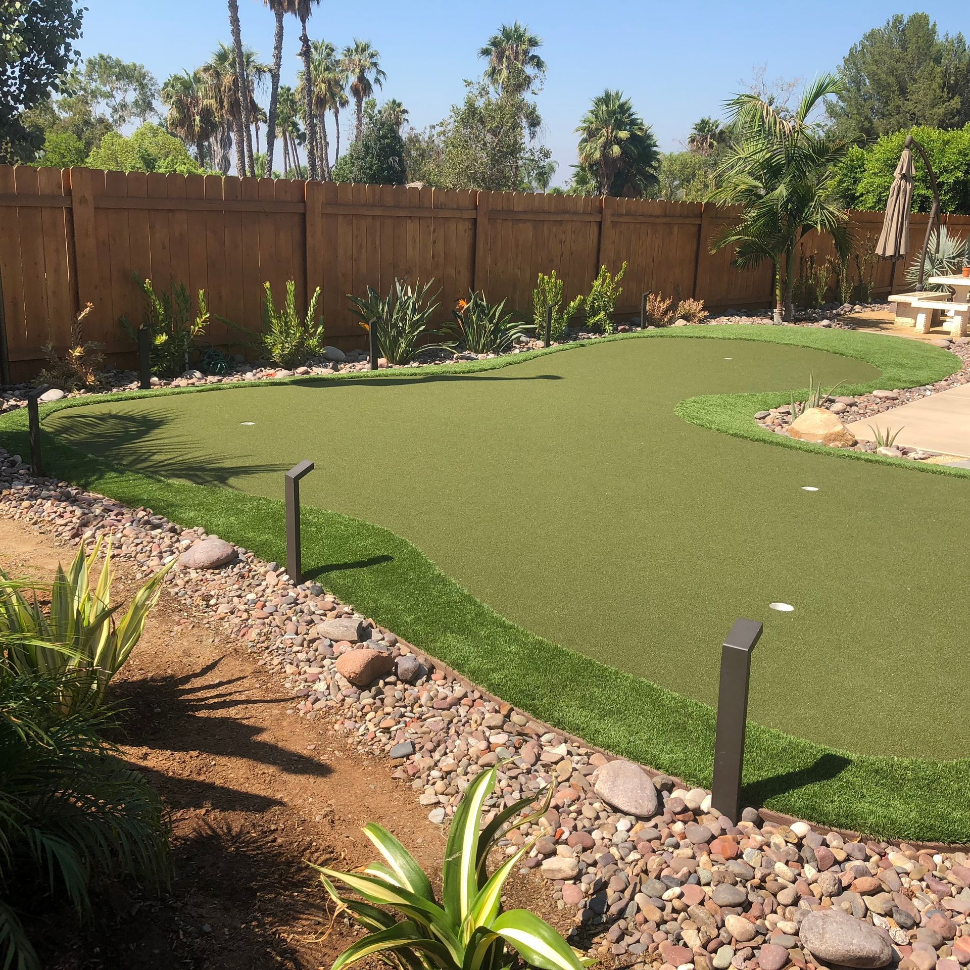 Backyard putting green with artificial turf, rock border, wooden fence, and palm trees.