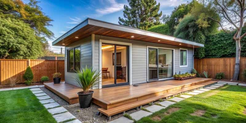 Modern tiny house with wooden deck, sliding glass doors, and a landscaped yard.