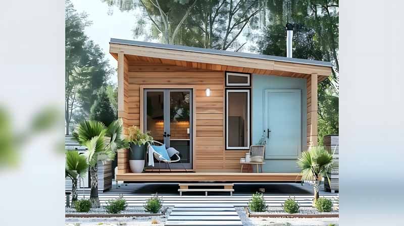 Modern tiny wooden cabin with a front porch, large windows, and potted plants in a landscaped garden.
