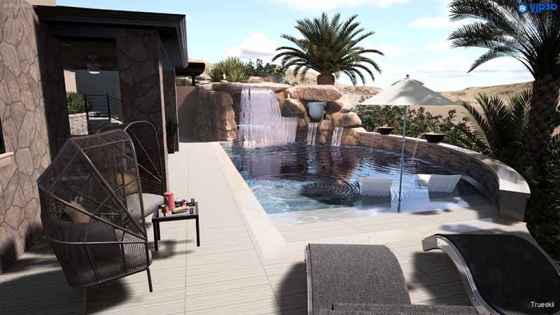 Poolside patio with waterfall, palm trees, and lounge chairs beside a modern building