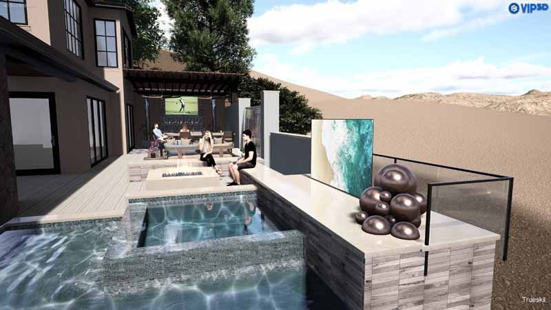 Modern backyard patio with a pool, outdoor seating, and a water feature beside a house