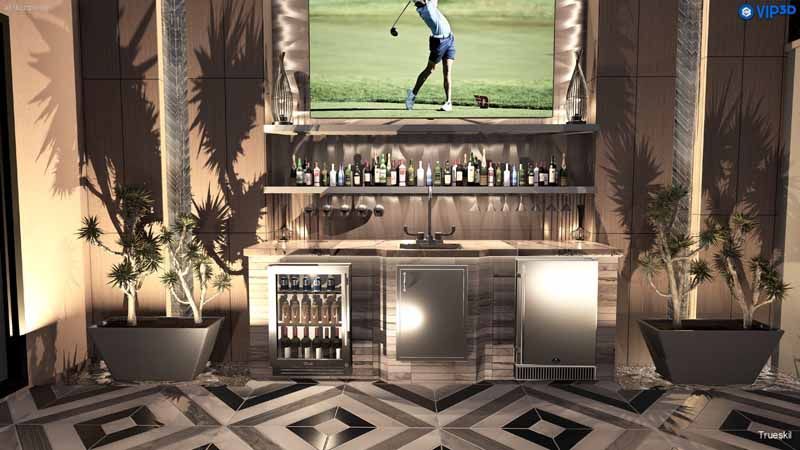 Elegant hotel bar with mirrored decor, potted plants, and a large TV showing a golfer mid-swing