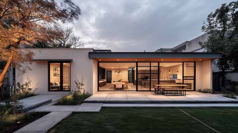 Modern single-story house with large glass doors, warm interior lights, and a landscaped front yard at dusk