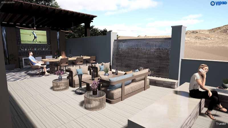 Outdoor patio lounge with sofa, fire pit, and large screen TV overlooking a desert landscape