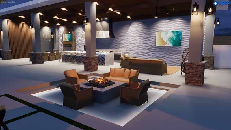 Modern lounge with brown chairs, sofas, a central coffee table, and warm lighting in a spacious room.