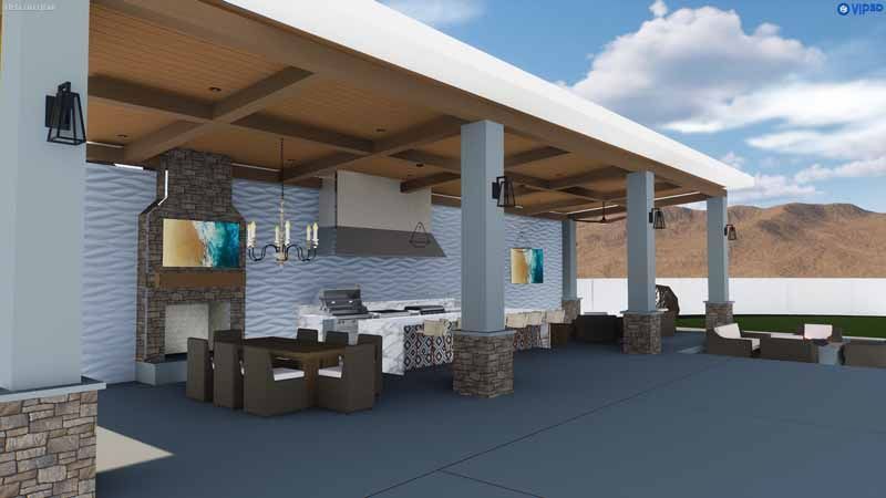 Covered outdoor patio with wicker seating, stone columns, and mountain views under a wooden roof