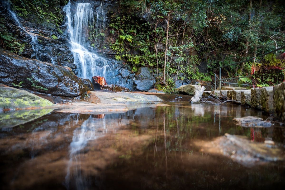 A waterfall is reflected in a small pond in the woods.