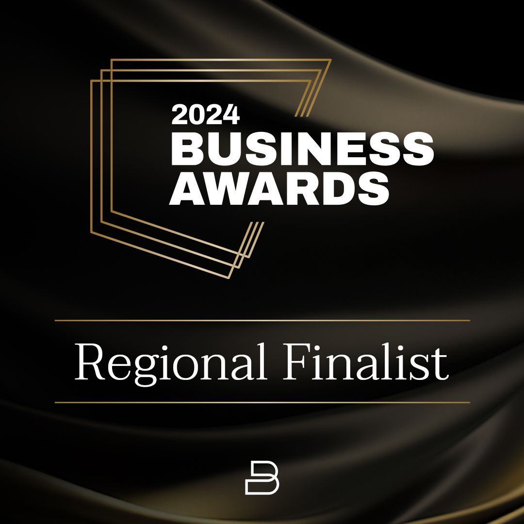 A 2024 business awards regional finalist logo on a black background