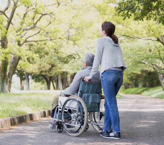 Women is Pushing a Wheel Chair in a Garden — Queensland Disability Association in Kawana, QLD