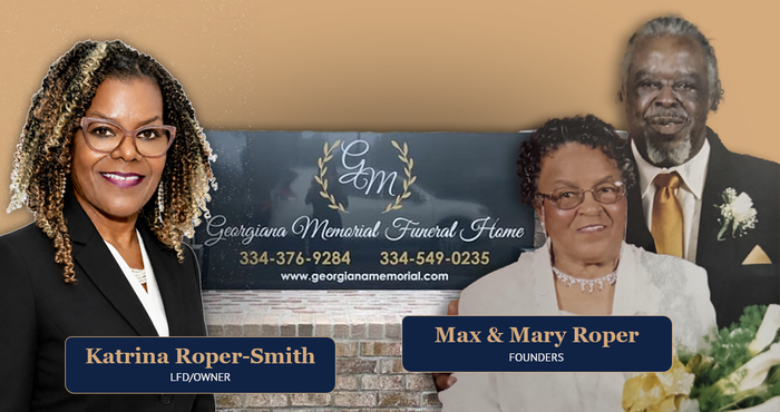 Memorial tribute collage with two portraits, names, dates, and funeral service details on a dark background