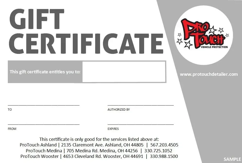 Gift certificate for ProTouch with fields for recipient, giver, and services. Gray and white design.