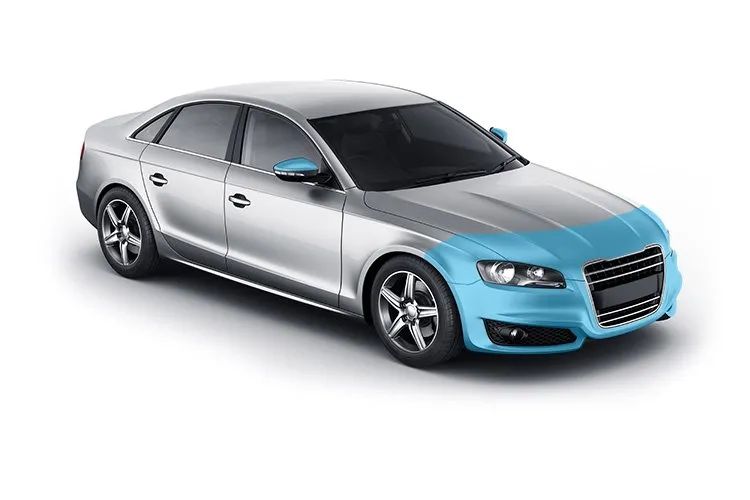 Silver sedan car with highlighted blue front section.