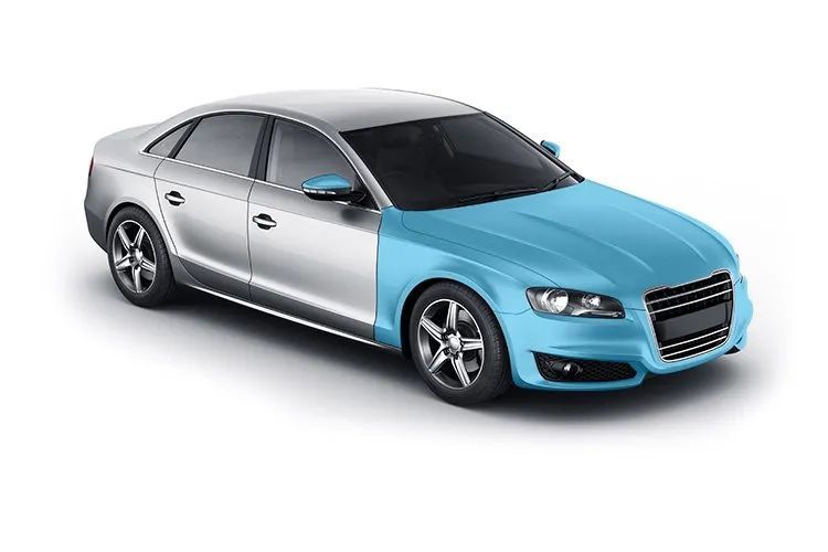 Silver car with the front right portion highlighted in blue.