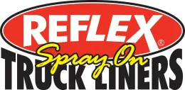 Logo for Reflex Spray-On Truck Liners, with text on a red oval.