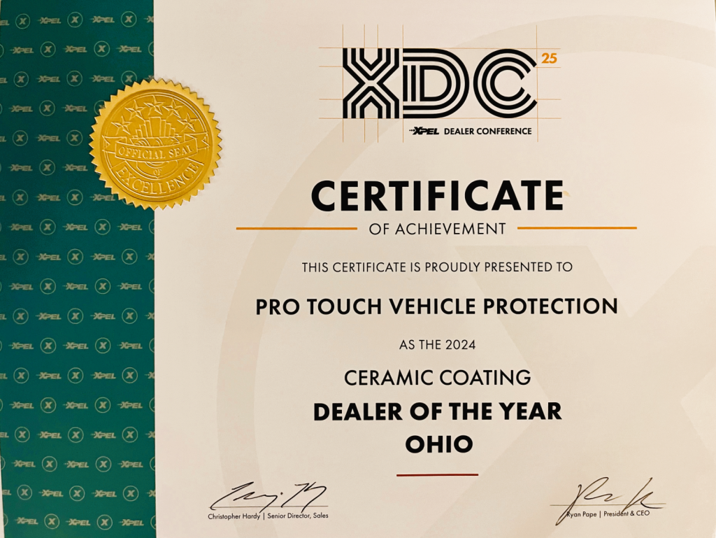 Certificate for Pro Touch Vehicle Protection, ceramic coating dealer of the year in Ohio. Gold seal and green background.