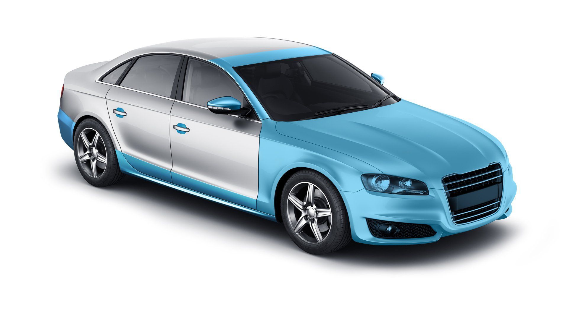 Car with blue front half and silver back half, on a white background.