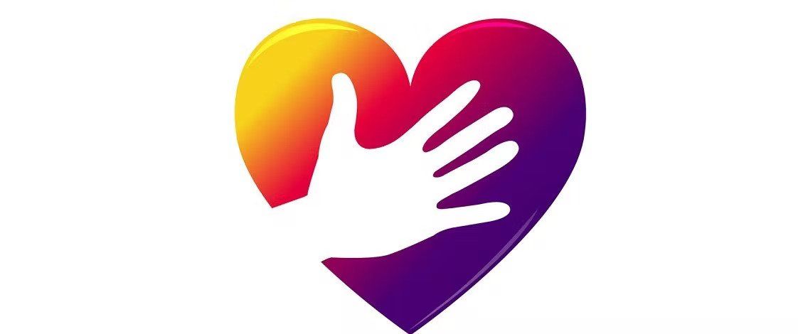 Heart-shaped logo with a hand. The heart transitions from yellow to purple, and the hand is white.
