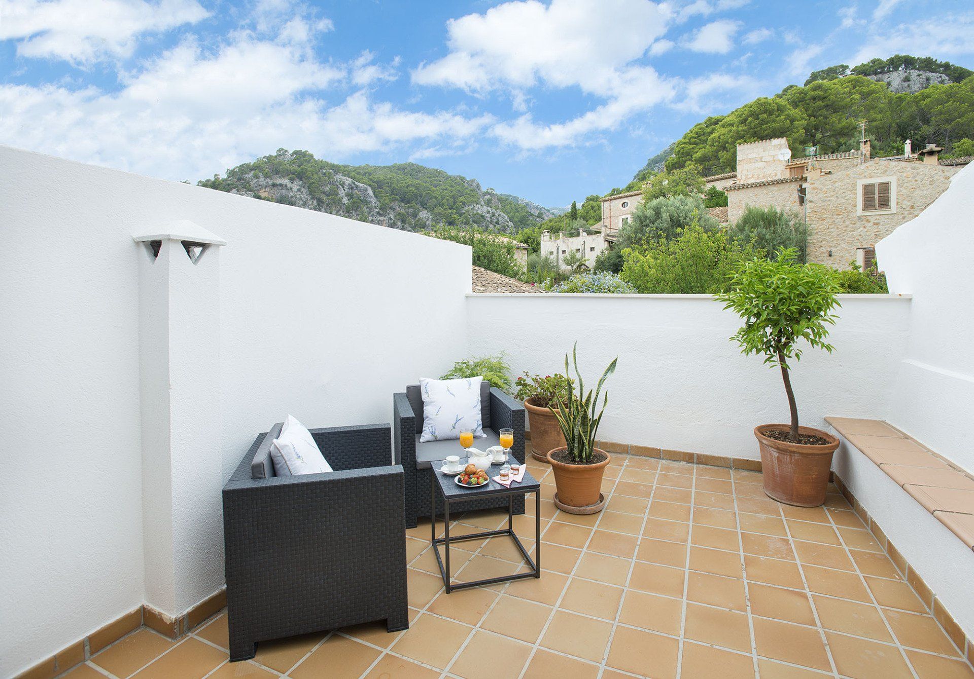 Terrace with seating, small table with drinks, potted plants, and mountain view.