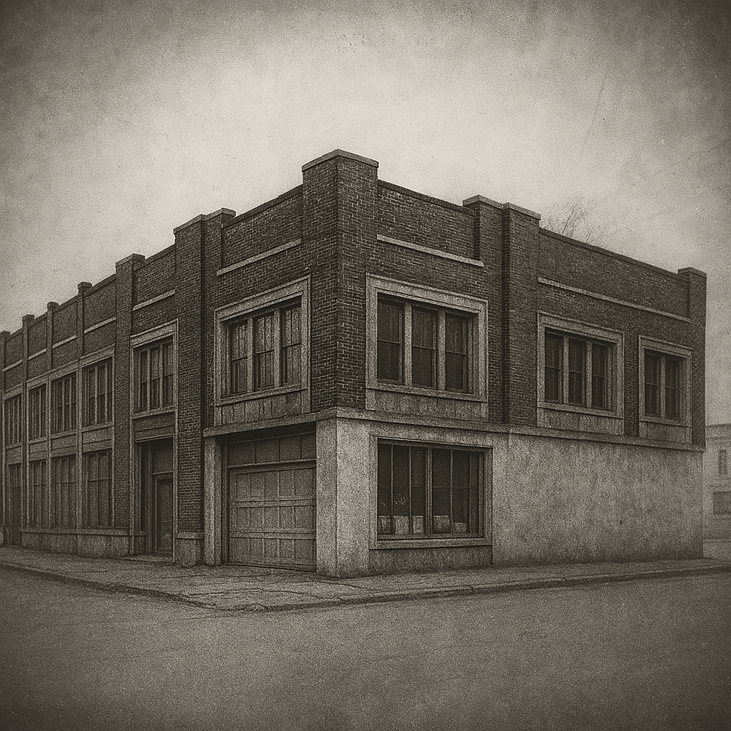 A black and white photo of a brick building