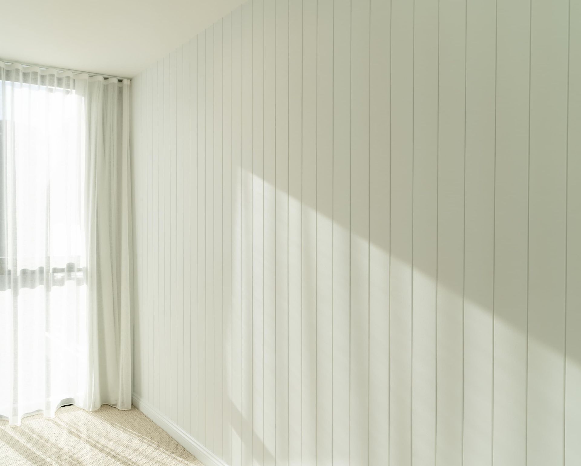 Sunlit white paneled wall with sheer curtained window.