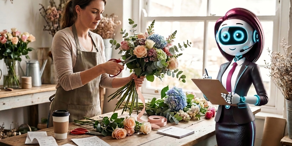 Woman arranging flowers beside a small robot at a bright worktable