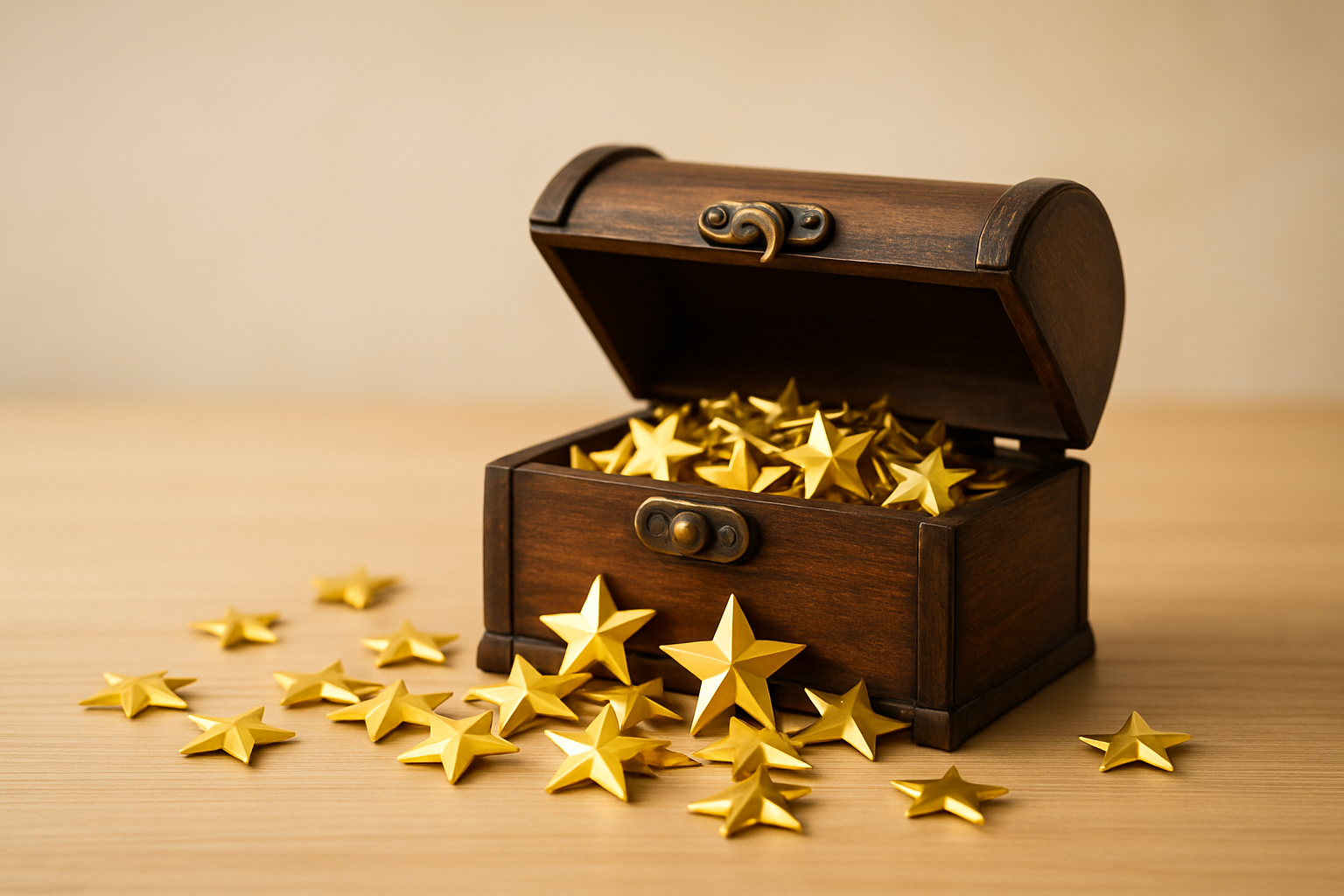 Gold review stars falling out of a treasure chest created by Get Doris, AI Reviews