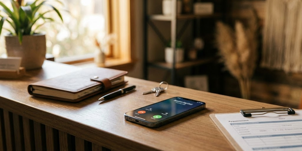 A smartphone on a wooden desk with a notebook, pen, keys, and clipboard; window in background.