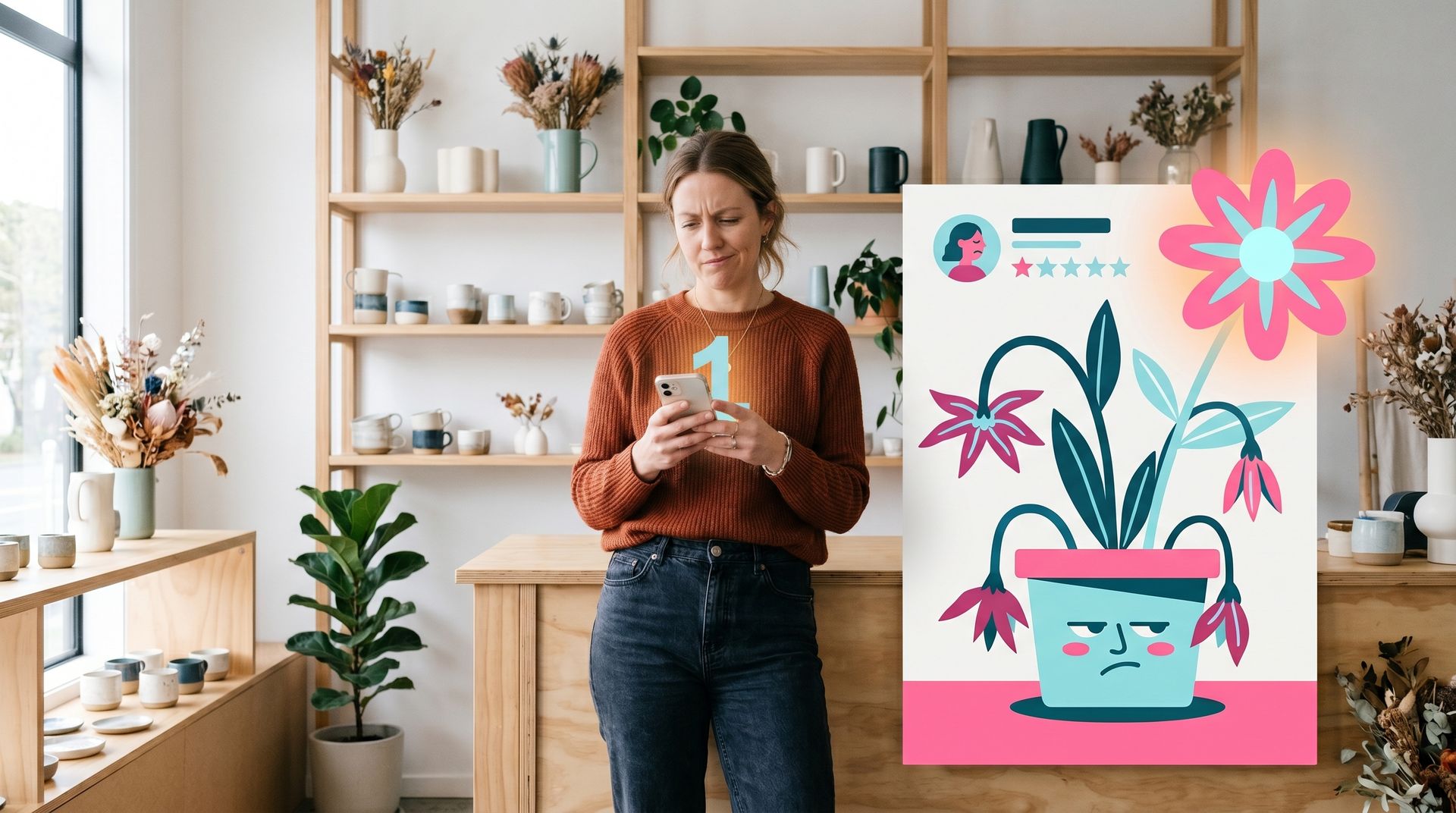 Woman standing in a cozy room beside a bright floral poster and a potted plant