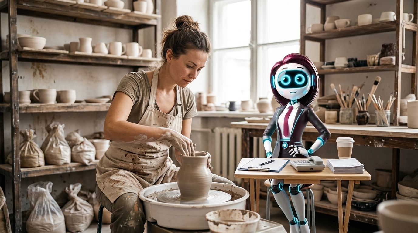 Potter shaping clay at a wheel beside a small robot in a ceramic studio