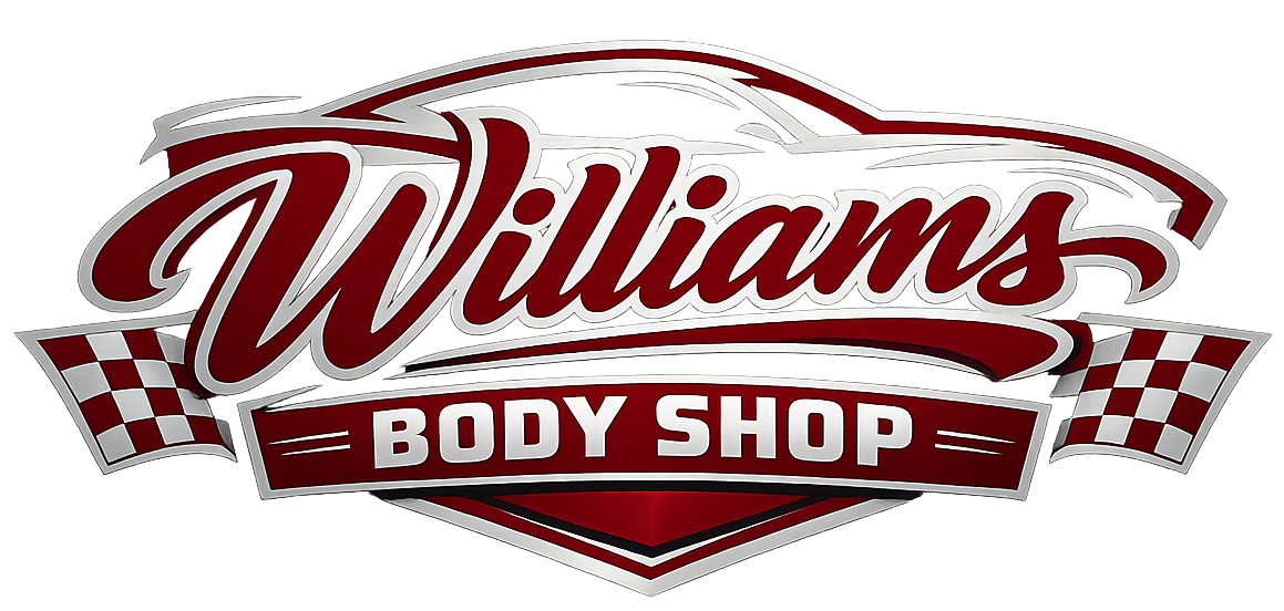 Williams Body Shop logo with red script and checkered flags on a white background
