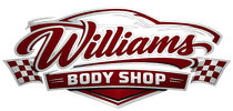 Williams Body Shop logo with red script and checkered flags on a white background