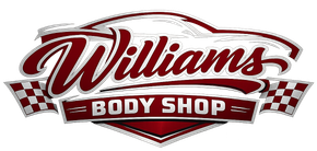 Williams Body Shop logo with red script and checkered flags on a white background