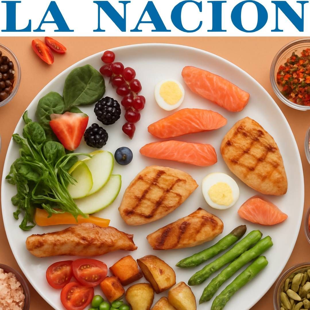 Plato de comida con frutas, verduras, salmón, pollo y huevos dispuestos en un plato blanco, lo que sugiere una comida equilibrada.