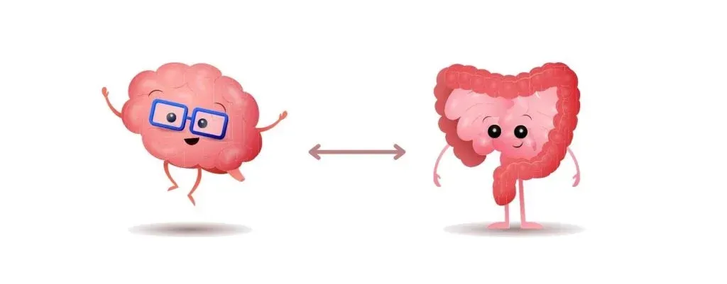 Personajes de dibujos animados de cerebro y colon con una flecha entre ellos.