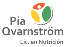 Logotipo de Pia Qvarnström, nutricionista. Presenta un diseño circular colorido y su nombre en texto gris.