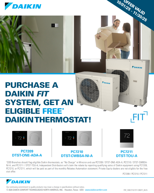 Daikin HVAC promo with install scene and thermostat offer; “Purchase a Daikin Fit system, get a free thermostat”