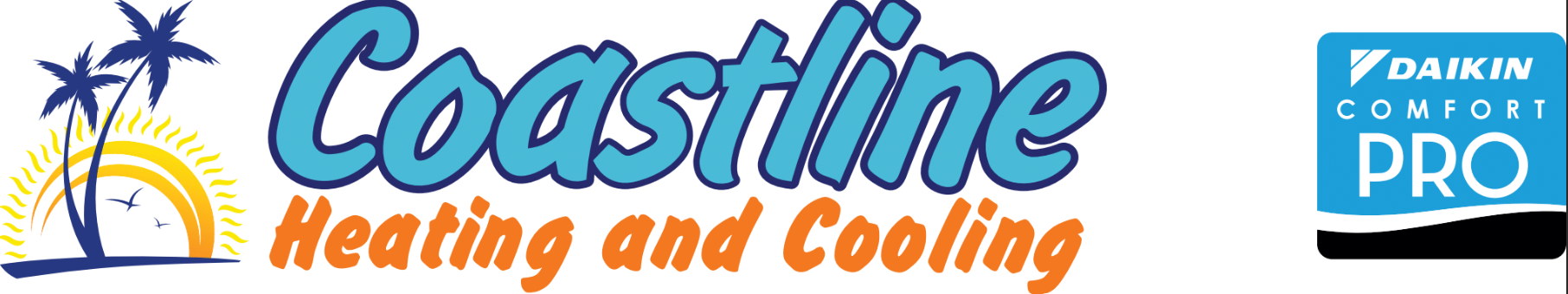 Coastline Heating and Cooling logo with palm tree and blue text, plus a Trane Comfort Pro badge