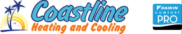 Coastline Heating and Cooling logo with palm tree and blue text, plus a Trane Comfort Pro badge