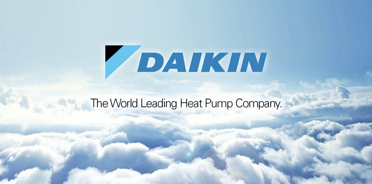 Daikin logo over a blue sky and clouds with the tagline “The World Leading Heat Pump Company”