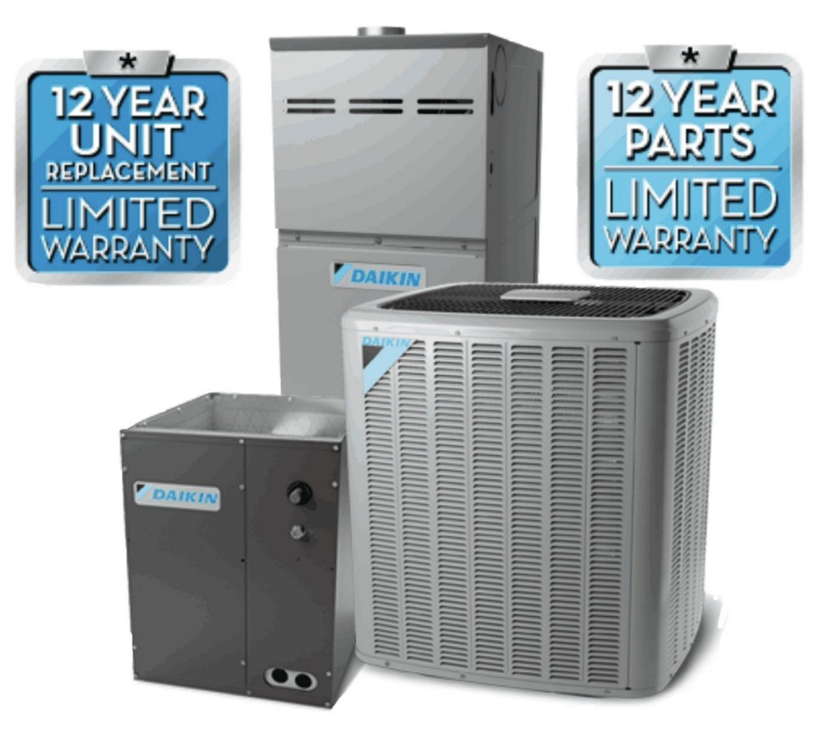 Daikin HVAC units with 12-year limited warranty badges on a white background