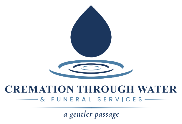 Logo with a dark blue water droplet above concentric water circles, text 