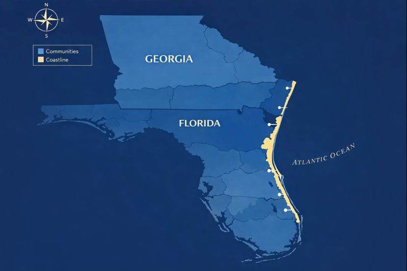 Map of Florida and Georgia, showing service area: Northeast Florida, serving Florida, Georgia, and other regions.