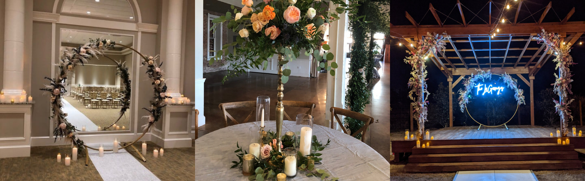 Three wedding ceremony arch setups with white drapes, flowers, candles, and warm accent lighting inside a venue